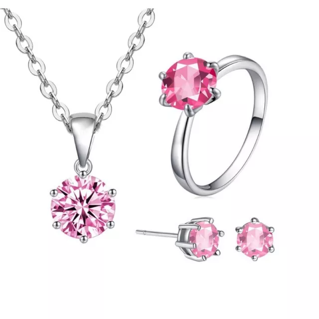 3Pcs/set Bridal Jewelry Set with Six Claw pink Zircon Necklace Earrings Ring