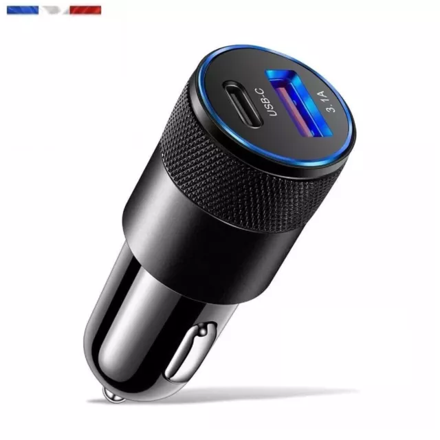 Chargeur Allume Cigare USB C Rapide 3.1 A Voiture smartphone iPhone Samsung Noir