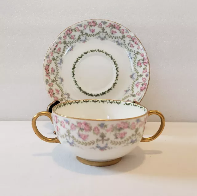 J Pouyat Limoges France Bouillon Cup And Saucer Pink Blue Flowers Green Leaves