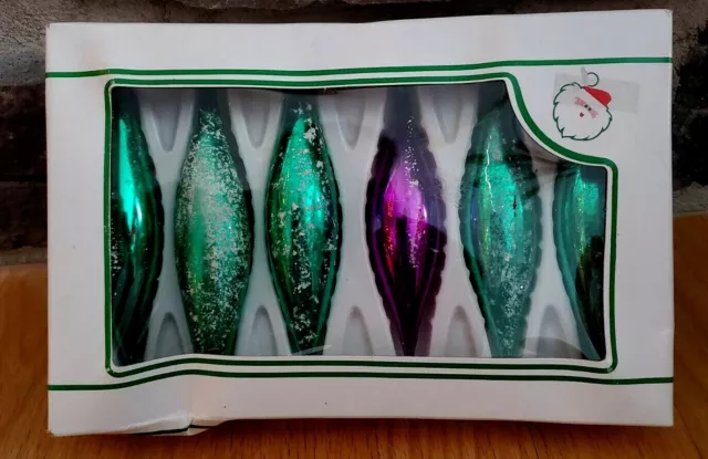 Set of 6 Christmas Green & Purple VTG Tree Ornaments Poland Glass teardrop  5"