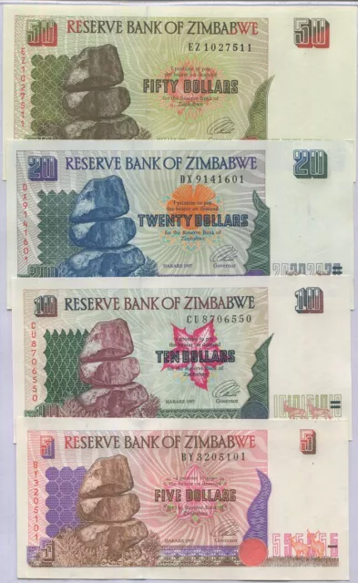 Zimbabwe Set 4 Pcs 5 10 20 50 Dollars 1994-1997 P 5 6 7 8 UNC