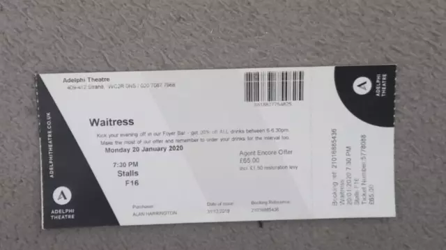 Ticket Stub for WAITRESS Musical at the Adelphi Theatre London on 20/01/2020