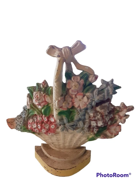Antique Hubley Basket Mixed Flowers Bow Cast Iron Door Stop # 475 Victorian 7.5"