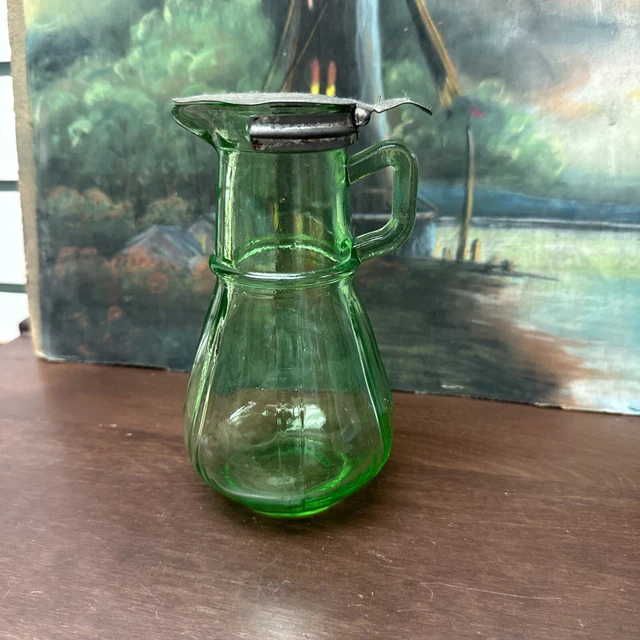 1916 URANIUM GLASS Syrup Dispenser Green Depression Glass w Lid Hazel