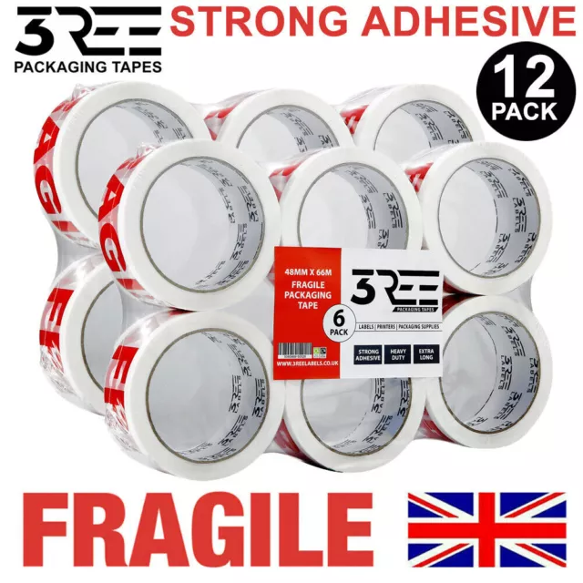 12 Rolls Of Fragile Printed Strong Parcel Packing Tape Carton Sealing 48Mm X 68M