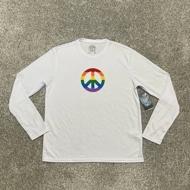 Vapor Apparel Shirt Mens Medium White UPF 50 Sun Protection Rainbow Peace Sign