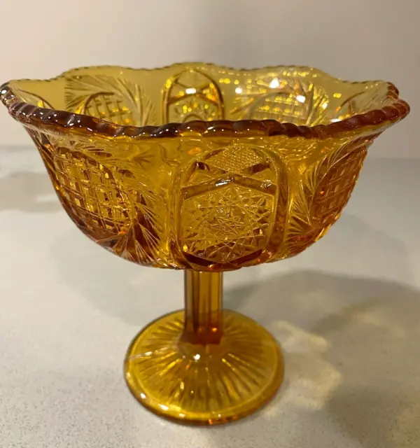 Stunning Amber Glass Pedestal Compote Dish Vintage Yellow Gold LARGE