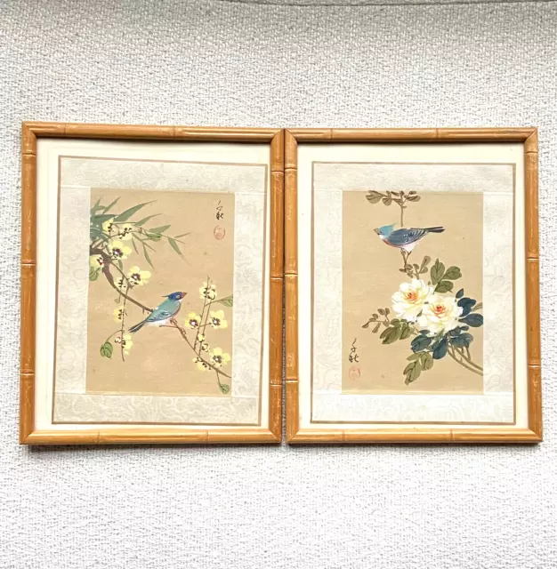 Vtg Asian Japanese Watercolor Bird Painting On Silk Bamboo Framed Signed