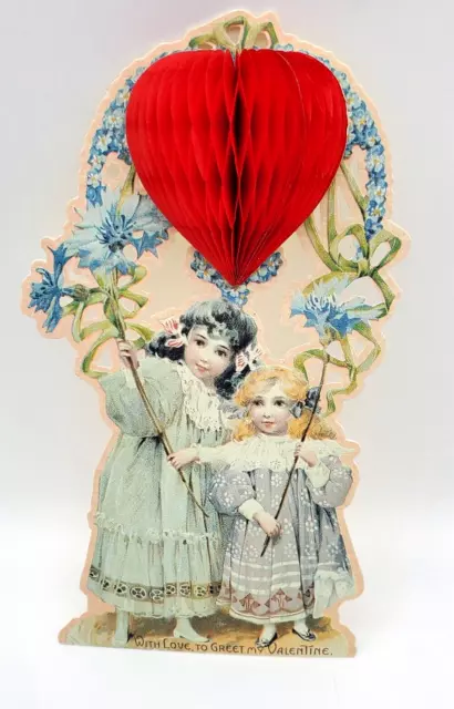 Vintage Hallmark Valentine Victorian Honeycomb Heart At Top EUC Die Cut Girls