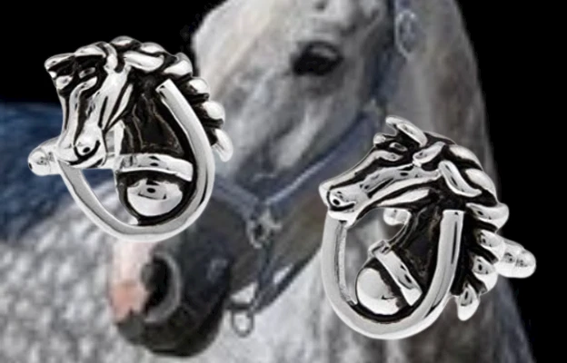 Paire De Boutons De Manchette Vintage Dorés - Décor Fer à Cheval Et Cravache