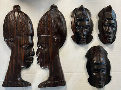 African Tribal Ethnic Art Wood Carved Couple Profile Wall Hanging And 3 Facing