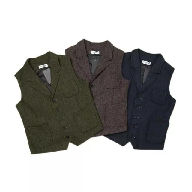 Uomo Tweed Gilet Lana a Spina di Pesce Rétro Vestito Formale Top Casual Fit
