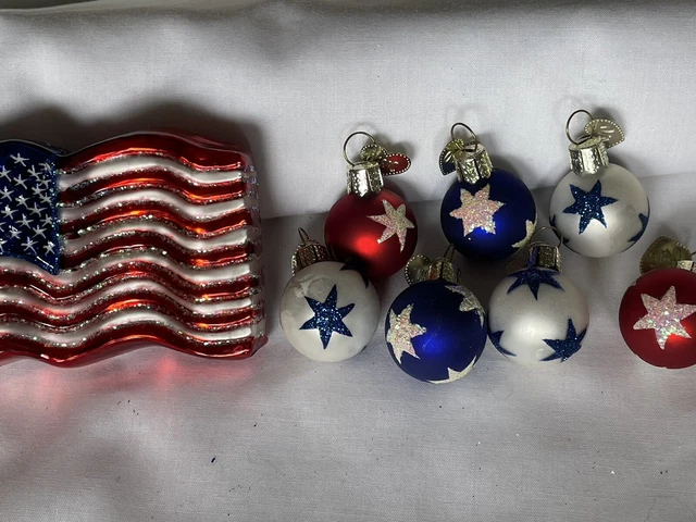 Vintage Old World Christmas Patriotic Glass Flag Ornament & 8 star Balls Glitter