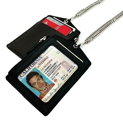 Genuine Leather ID Badge Holder Name Tag Lanyard Card Zippered Wallet Neck Chain