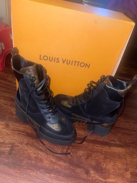 LOUIS VUITTON Suede Calfskin Jacquard Since 1854 Laureate Platform Desert  Boots 37.5 Black 1303515