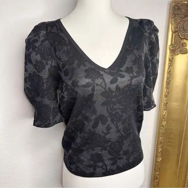 NWT Express Shoulder Pad Puff Sleeve Knit Sweater Top Floral Print Size XS $70