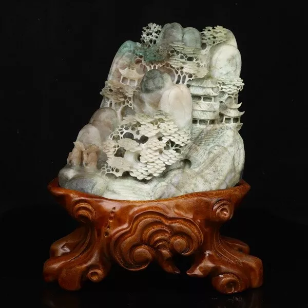 Chinese Exquisite hand-carved landscape carving Dushan jade statue