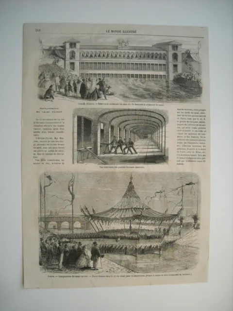 Gravure 1866. Italie.  Inauguration Du Canal Cavour. Du Pö A Chivasso.
