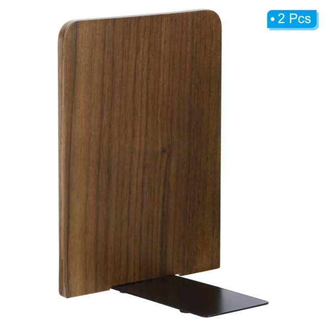 Wood Bookend with Metal Base, 2 Pcs Square Head Book Ends, Walnut Wood Style 2 3