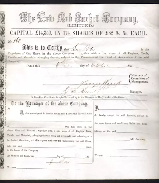 Share Scrip - Gold Mining. 1862 New Red Jacket  Mining Co.. (Ballarat Vic??)