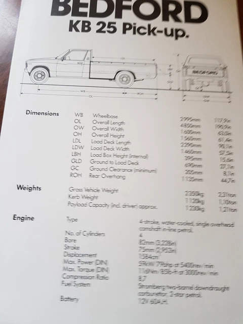 BEDFORD KB 25 Pick-Up Brochure 1980 £4.99 - PicClick UK
