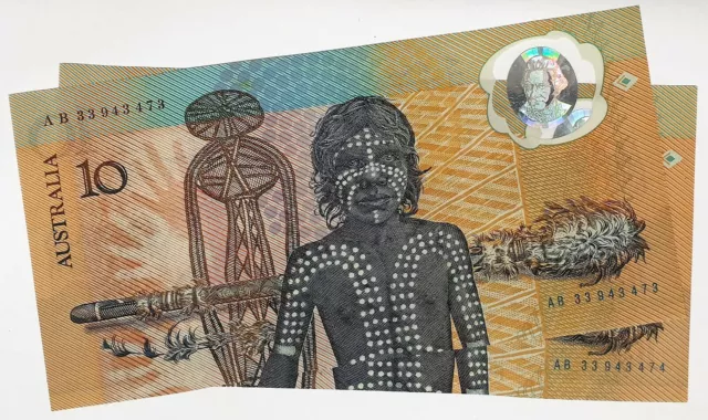 Australia 1988. Last Prefix " Ab 33 94 " Ten Dollar Banknotes. Rare Consec. Pair