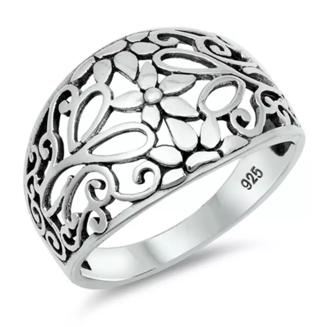 Filigree Cutout Flower Polished Ring New .925 Sterling Silver Band Sizes 5-10