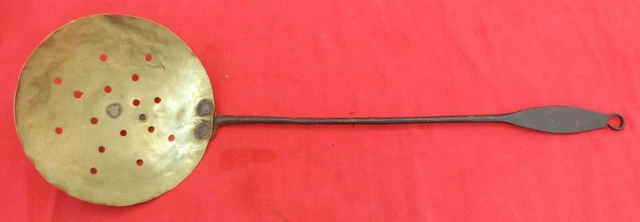 Antique 19th Cent. Hand Forged Wrought Iron & Pierced Brass Large Bowl Strainer 2