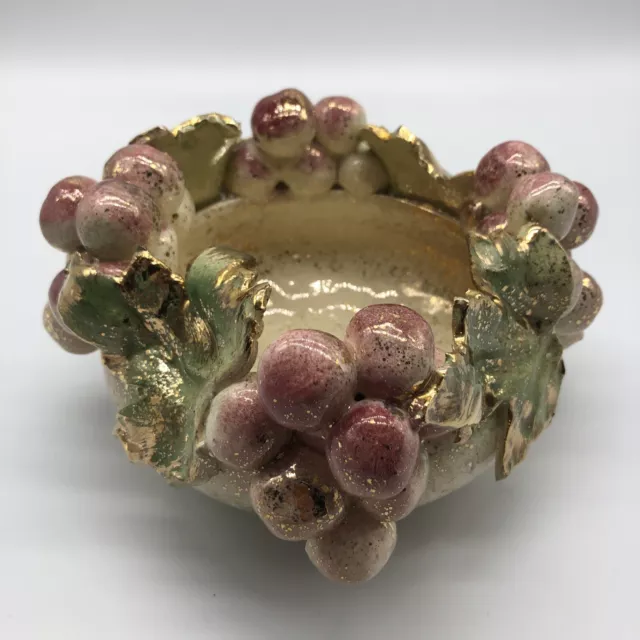 Studio Art Pottery Signed *Sanclemom?* Bowl Grapes Leaves Gold Splatter Majolica