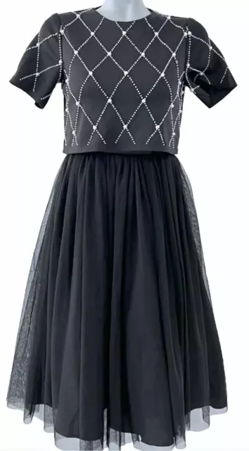 New Asos Black Embellished Crop Top Tulle Midi Dress Beaded Us Size 2