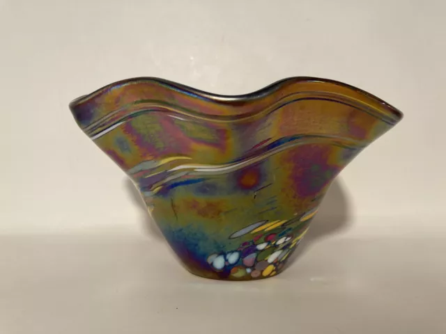 Hand Blown Art Glass  by Glass Eye Studio Ruffled 6" Blue Iridescent Bowl W/STKR