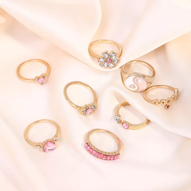 8Pcs Pink Heart Rings for Women Punk Shinestone Aesthetic Tai Chi JewelryA G TX