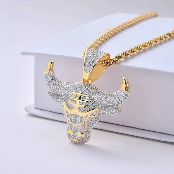 Men Hip Hop Full Rhinestone Bull Head Pendant Necklace Sparkling Ice Out