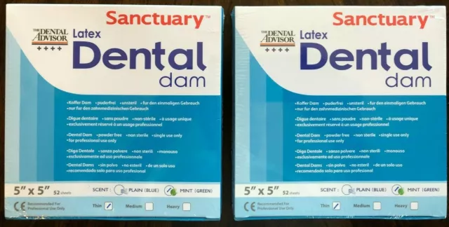 2 BOX 104 Pcs Sanctuary Dental Rubber Dam Latex 5X5 Thin Mint Green 52/PK 2
