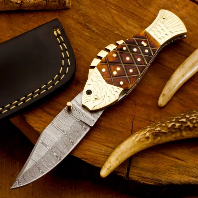 Custom Hand Made Damascus Steel Folding knife Fish knife Pocket Knife Handle 2