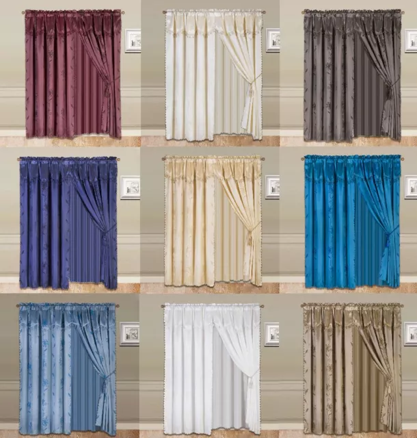 New Rod Pocket Faux Silk Panel Sheer Valance Tassel Window Curtain Treatment Set