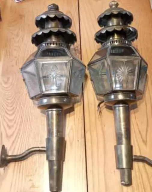 Pair of Lovely Brass  Carriage Lamps with brackets 22" high