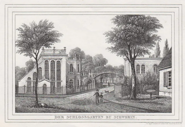 Schwerin Jardín Del Castillo Original Litografía Tiedemann 1845