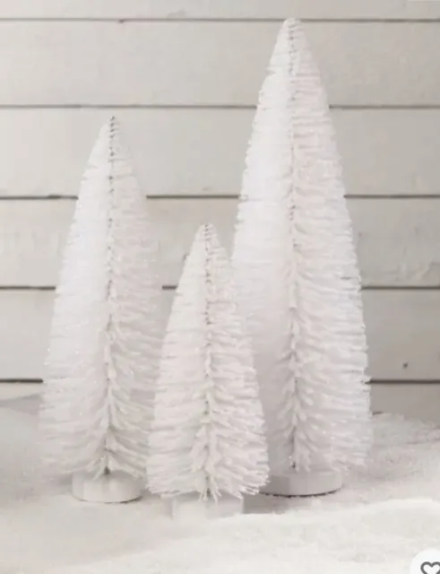 Bethany Lowe Christmas Winter White Flocked Bottle Brush Trees—Set of 3–Retired