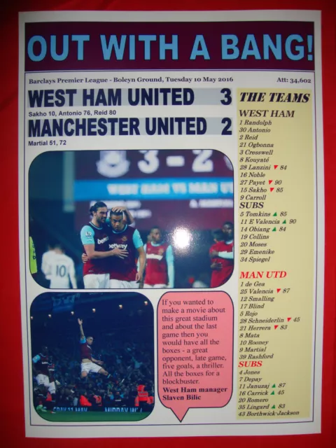 West Ham United 3 Manchester United 2 - 2016 - souvenir print