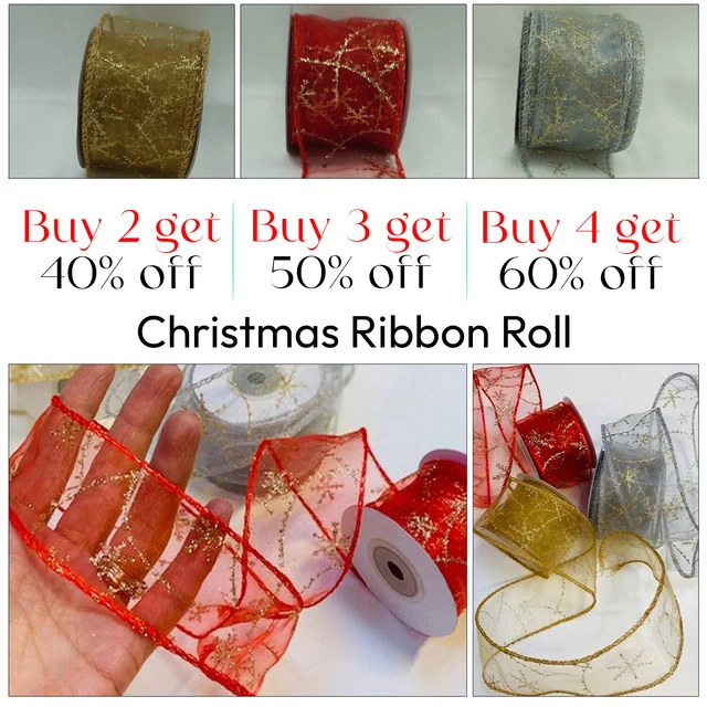 10m Spule Organza Weihnachten Schneeflocke Band 50mm Rot Silber Gold