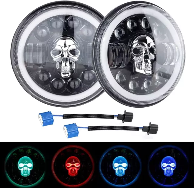 2PCS 7" H4 Skull Halo Ring DRL RGB LED Headlight For Land Rover Defender 90 110