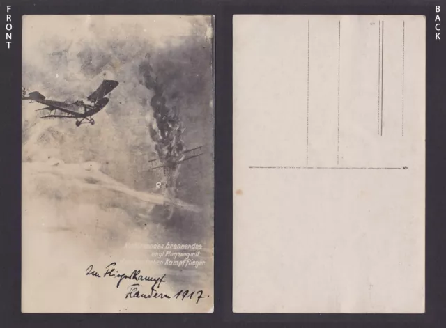 Vintage postcard, The air battle in Flanders in 1917, The burning English plane