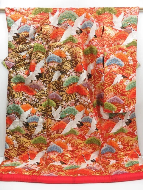 2916T02z4260  Japanese Kimono Silk UCHIKAKE Flying crane Red