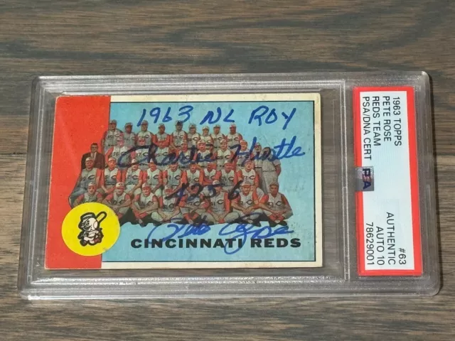 1963 Topps PETE ROSE Signed 63 ROY CHARLIE HUSTLE 4256 Card PSA Auto Grade 10