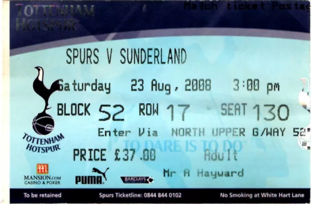 TICKET STUB - TOTTENHAM v SUNDERLAND - 23/08/2008