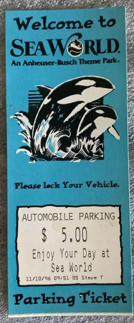 SeaWorld Parking Ticket Stub 11/10/96 1996 Sea World
