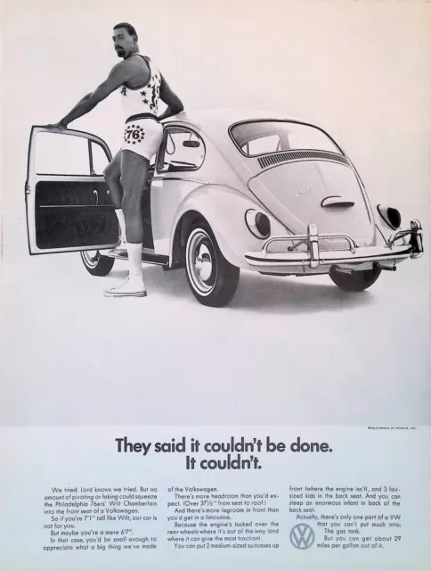 Print Ad 1966 Volkswagen Beetle Bug NBA Philadelphia 76'ers Wilt Chamberlain VW