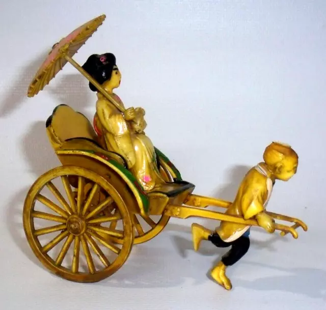 Vintage 1940s Celluloid Japanese Rickshaw Man Pulling Geisha & Dog Figurine 2