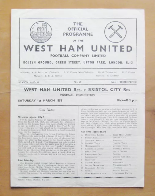 WEST HAM UNITED v BRISTOL CITY Reserves 1957/1958 *Good Cond Football Programme*